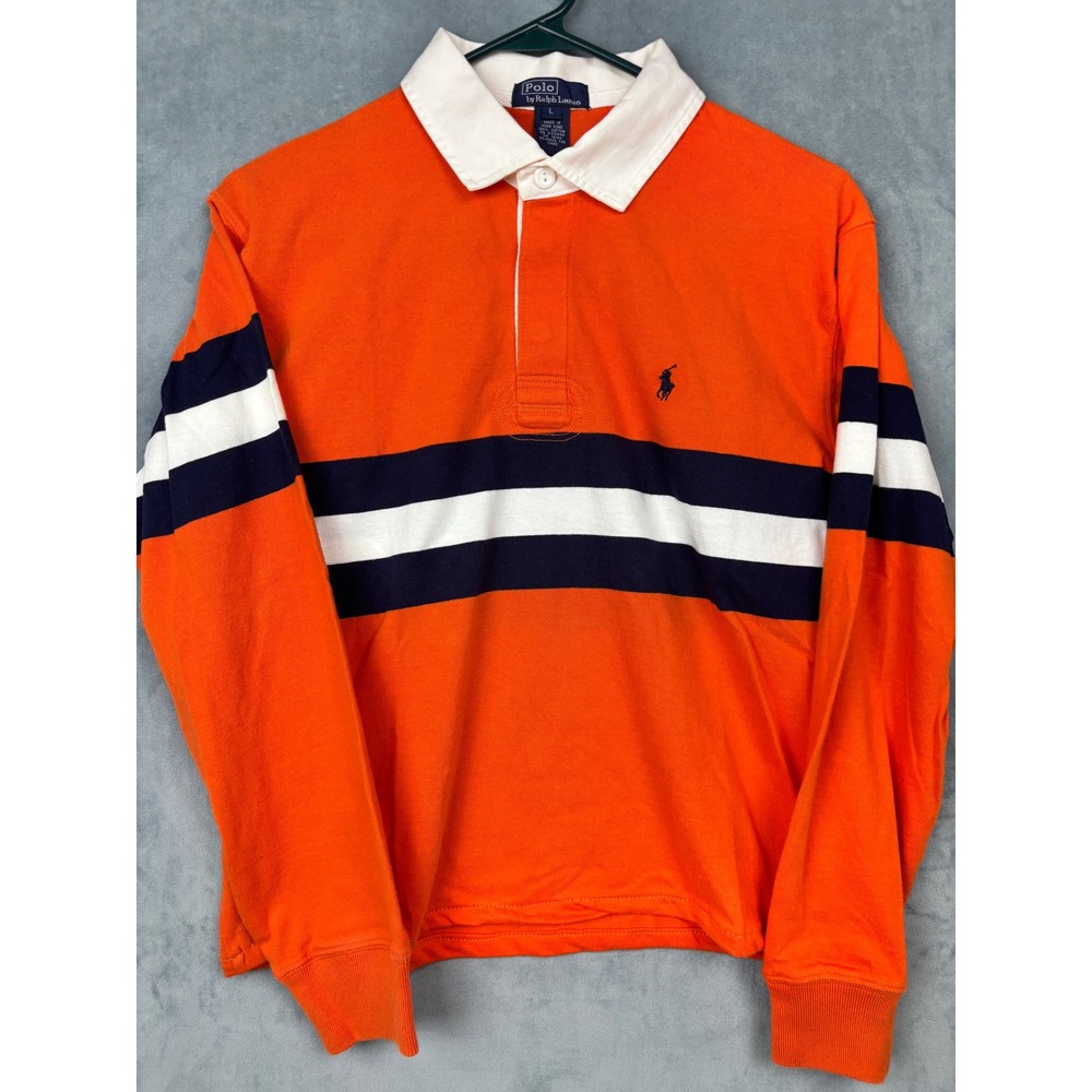 Polo Ralph Lauren Boys Orange Striped Long Sleeve Rugby Shirt Large Cotton